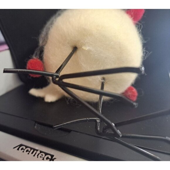 Felted Cream Colored Bird in Gray and Red Stripe Gnome Hat Black Wire Legs - Picture 7 of 7